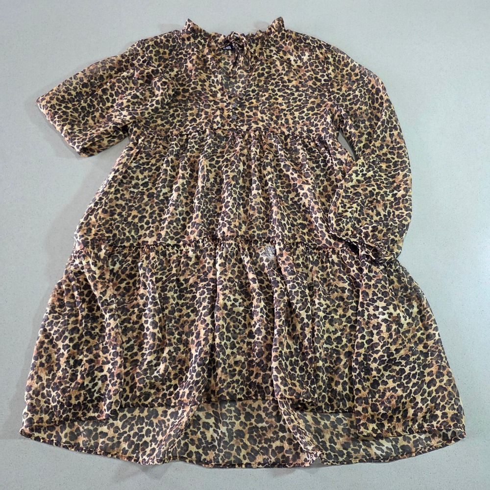 Zara Womens Small Leopard Print Tiered Babydoll Dress Sheer Long Sleeve Animal